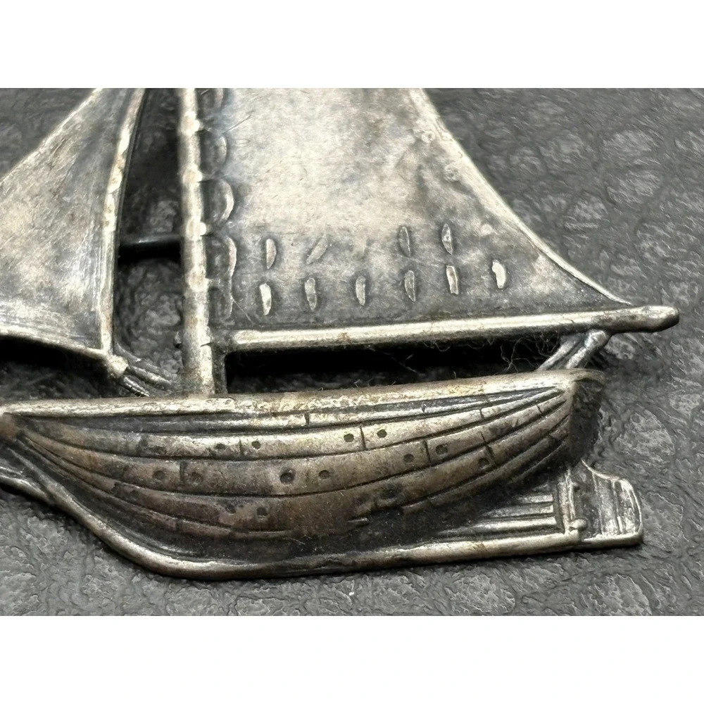 Vintage Sailboat Ship Brooch Nautical Ocean Beach Silver Plated